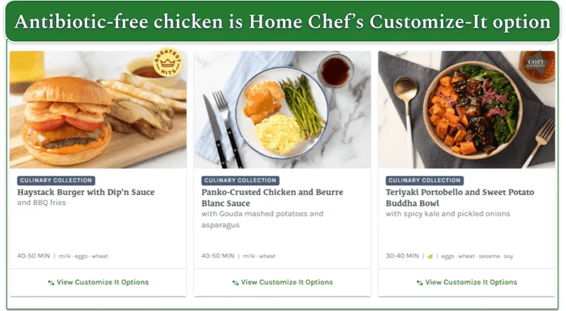 Screenshot of 3 Culinary Collection dishes on the Home Chef menu