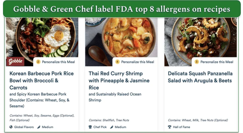Allergens labeled on the recipe cards for both services