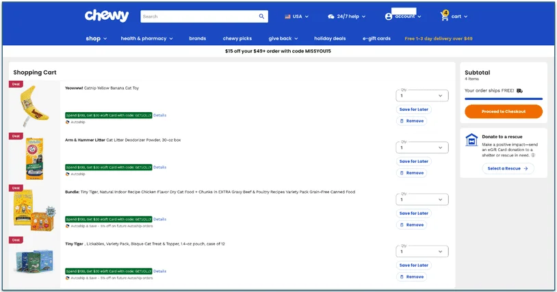 Screenshot of items placed in a cart with costs, subtotal, and Proceed to Checkout button