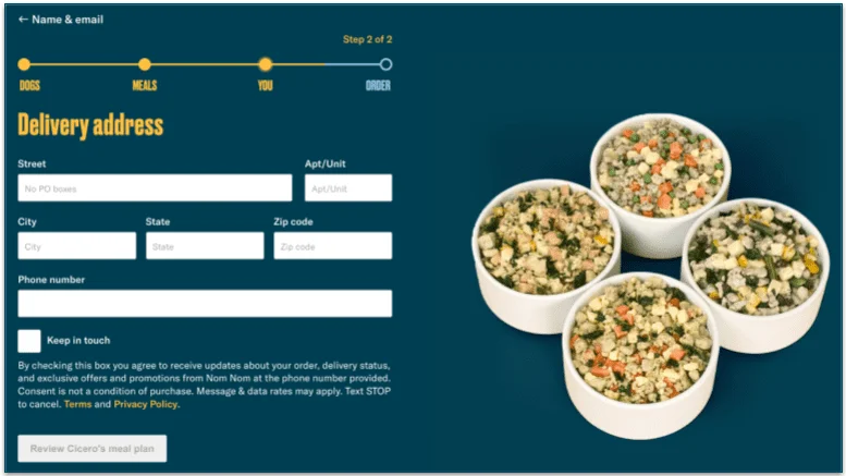 Nom Nom's address input page during the signup process