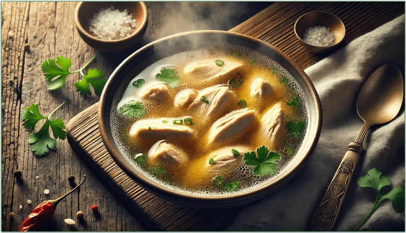 A bowl of chicken broth with pieces of chicken in it