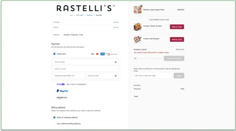 Rastelli's shipping details page