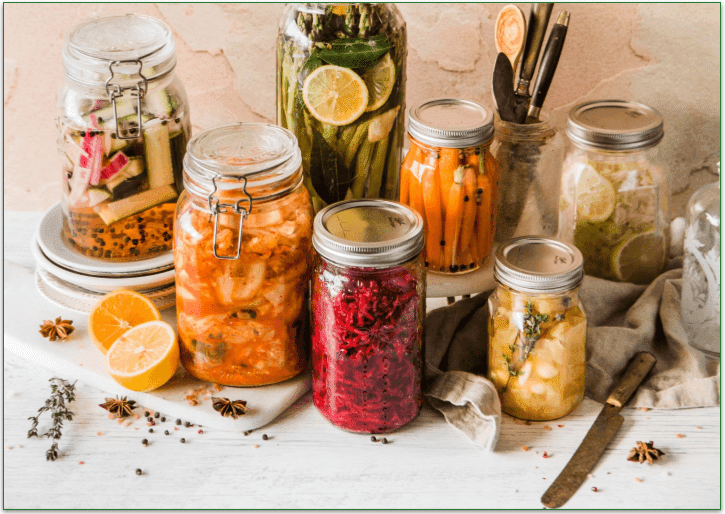 Variety of jars containing different fermented foods