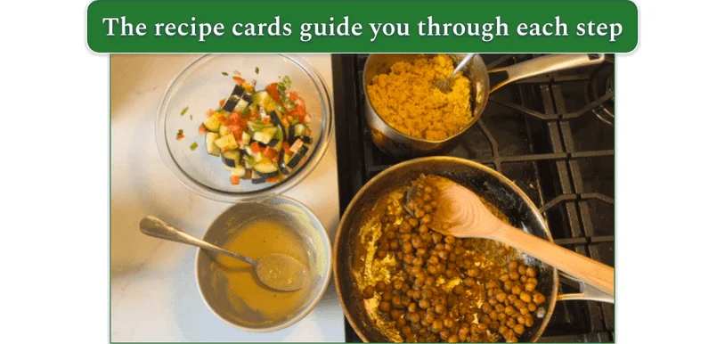 Image of pots and bowls with various components for Streetcart chickpea bowls as prepared by our reviewer