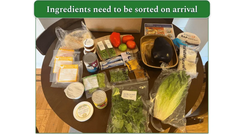 An unboxed Dinnerly order showing ingredients not sorted by recipe 