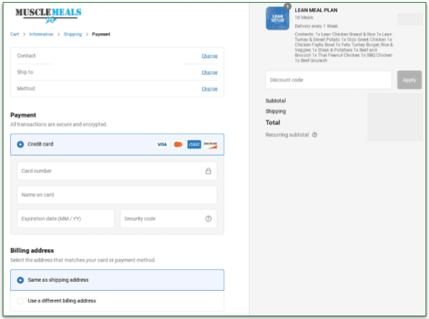 Selecting the payment method on Muscle Meals to Go's website