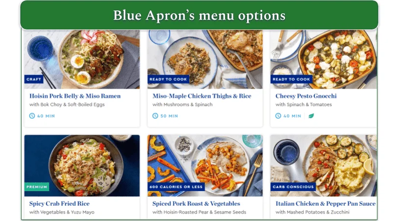 Screenshot of 6 dishes on Blue Apron's menu