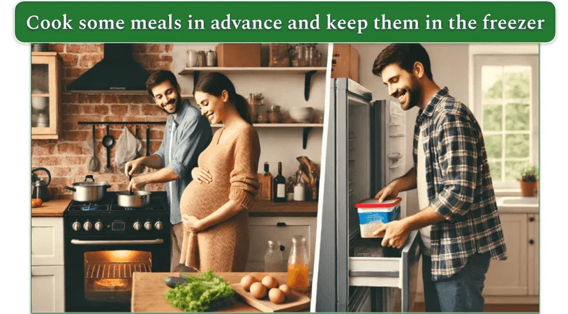 A collage showing a pregnant couple cooking meals in the left image and the man taking food out of the freezer in the right.