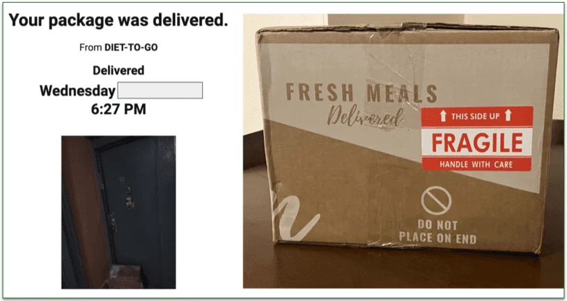 UPS delivery confirmation message and the Diet-to-Go delivery box