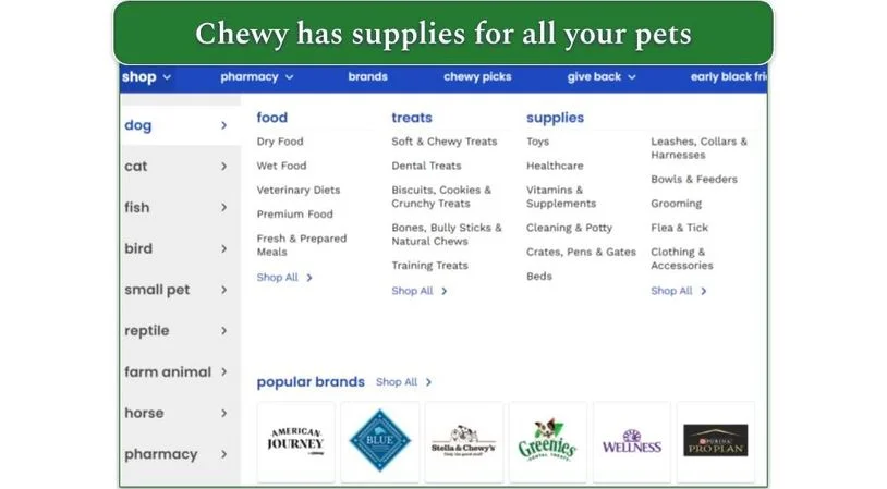Screenshot of Chewy's shop filters with all pets listed