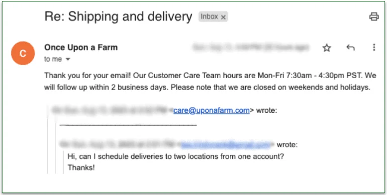 Email from Once Upon a Farm customer support.