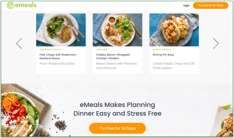 Screenshot of eMeals' homepage