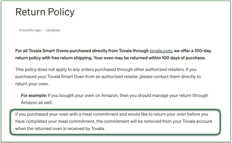 screenshot of Tovala's return policy