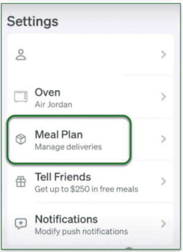 screenshot of the Tovala app settings with Meal Plan selected