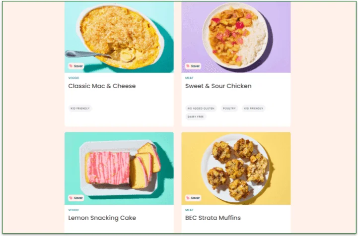 Screenshot of 4 Saver-tagged dishes on Dinnerly's menu