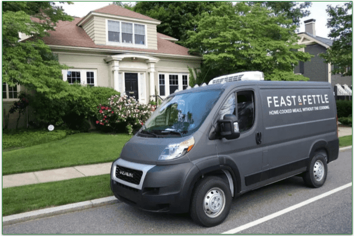 A delivery vehicle with the Feast & Fettle logo