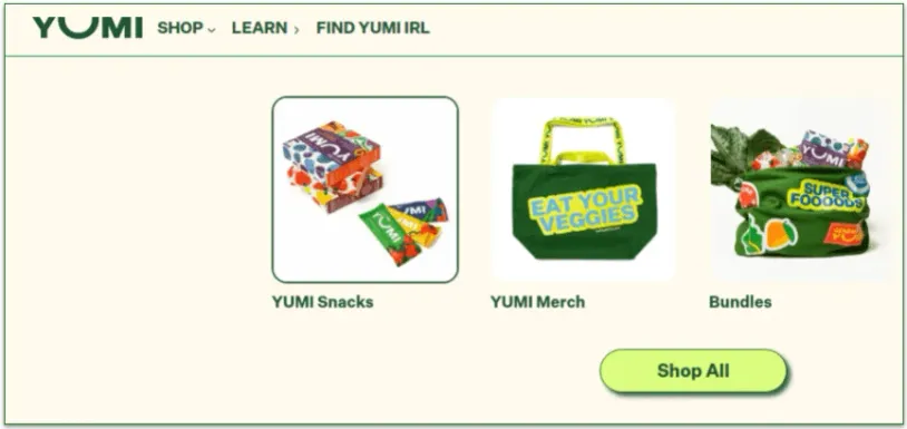 Screenshot of YUMI's top menu on the website