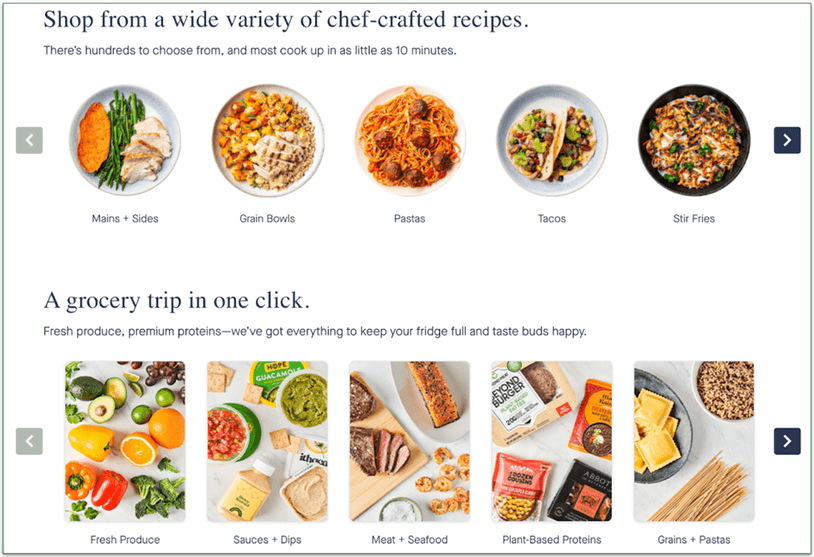 screenshot of grocery and recipe categories on Hungryroot's menu