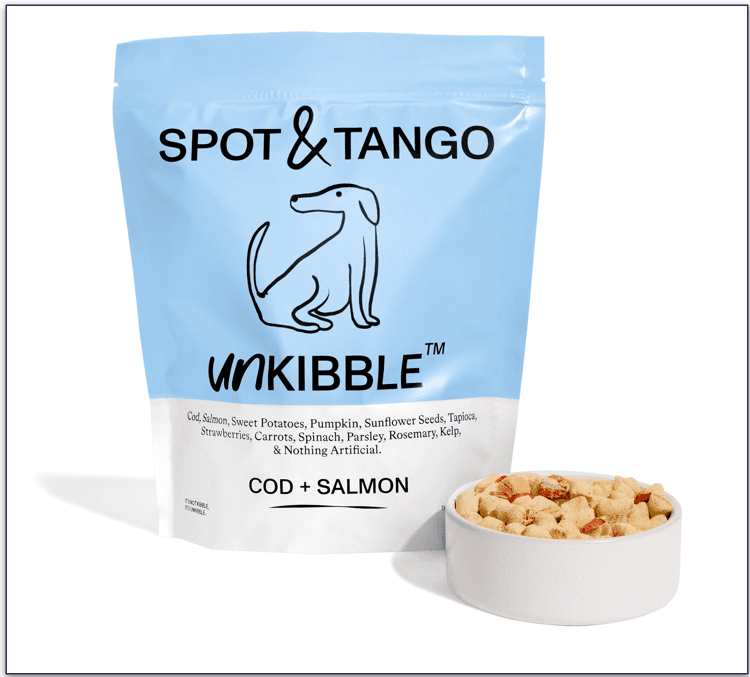 A bowl and a bag of Spot & Tango Cod + Salmon UnKibble