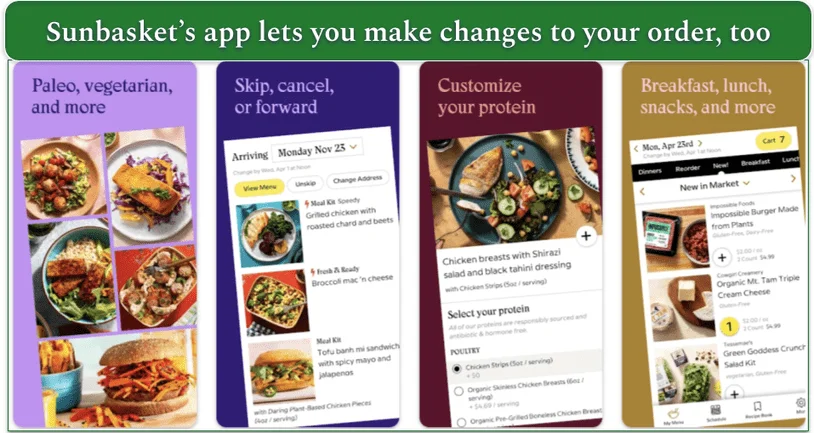 Several screenshots from the Sunbasket app