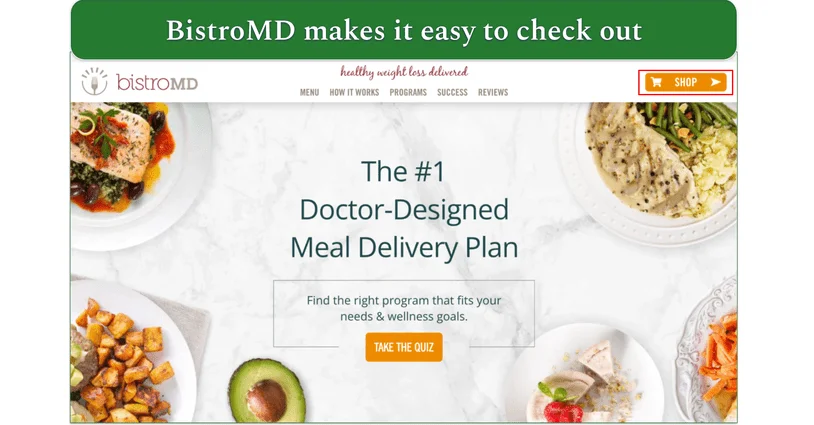 BistroMD's home page with "Shop" button highlighted