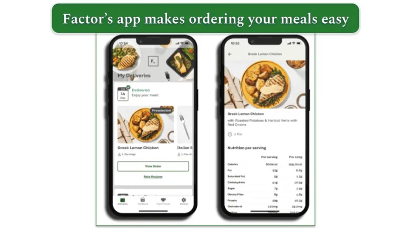 Image of 2 mobile screens showing Factor's app. One displays Factor's delivery and the other shows the nutrition details for a dish