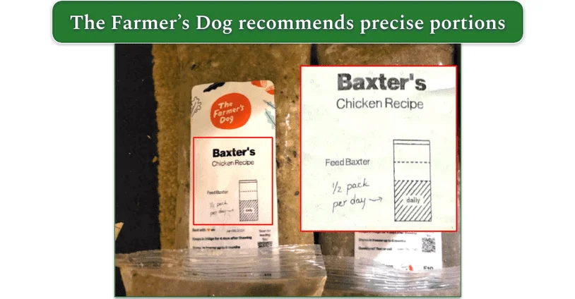 Packaging for The Farmer's Dog's Chicken Recipe with a closeup on its customized feeding instructions