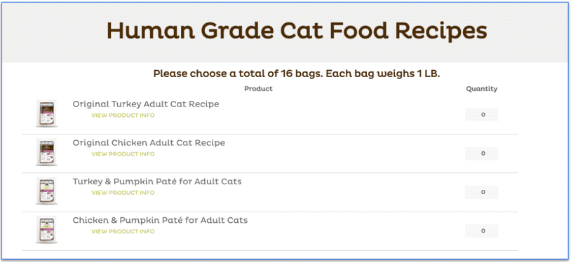 Screenshot of Raised Right cat recipe selection page for a 16-bag plan
