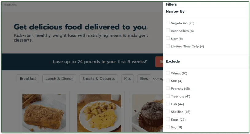 Jenny Craig's menu filters