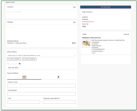 Screenshot of WonderSlim's payment information page
