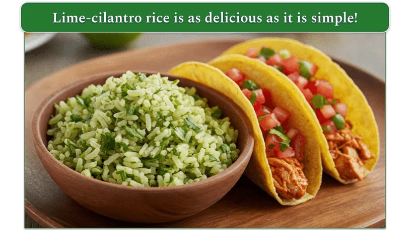 2 tacos beside a bowl of lime-cilantro rice on a wooden serving tray.