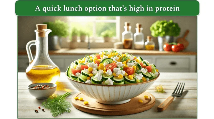 Dish of cottage cheese salad with cucumbers, tomatoes, and corn