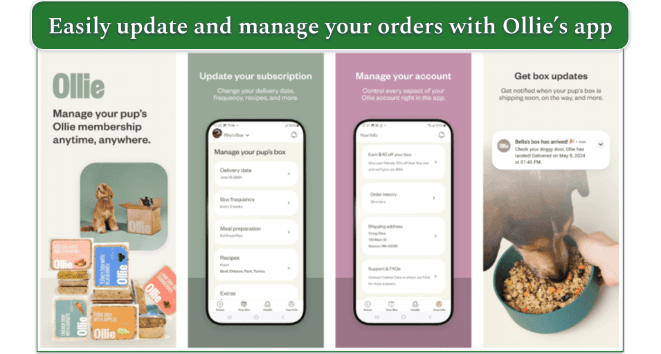 Ollie's app screens for managing boxes and updating your subscription