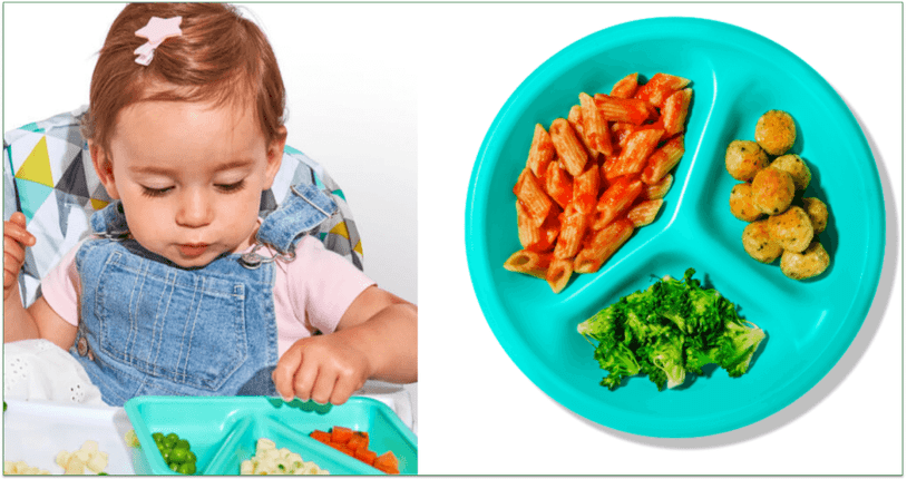 Little Spoon’s blue plates are non-toxic and reusable