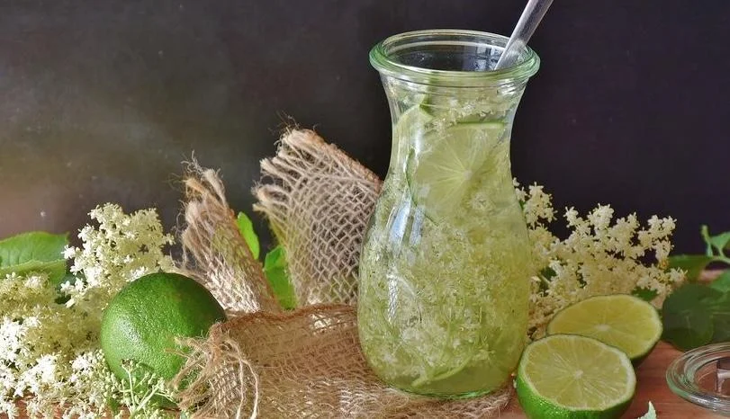 A bowl of water infused with lime and plants, with whole and sliced limes and flowers around it