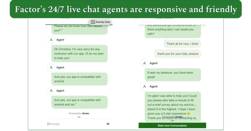 Screenshot of conversations with Factor's live chat agents