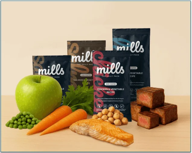 Mills range of pack sizes surrounded by fresh ingredients