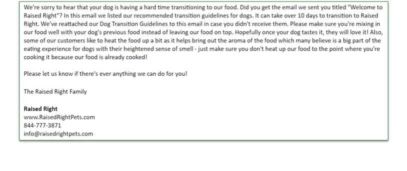 Email from Raised Right to the author concerning her dog's response to the food