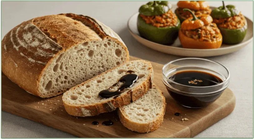 A loaf of crusty bread alongside some stuffed peppers and balsamic and olive oil dip.