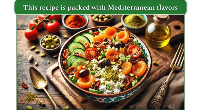 A Mediterranean-inspired cottage cheese salad surrounded by spices