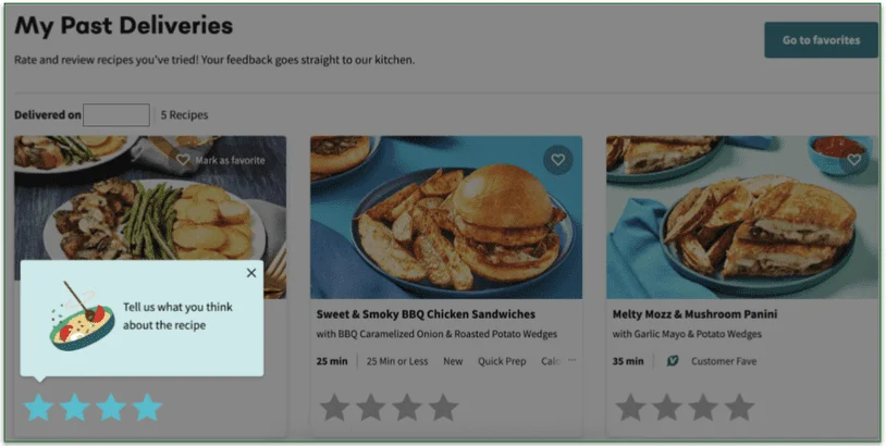 EveryPlate account page with meal rating page