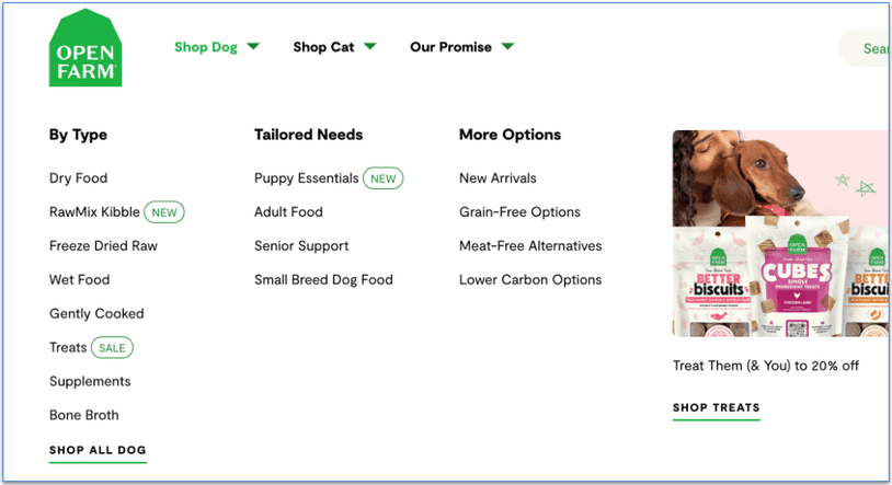 Screenshot of Open Farm’s dog food menu by type and needs