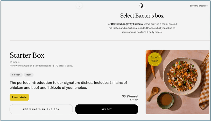 screenshot of the suggested starter box for Baxter after the quiz