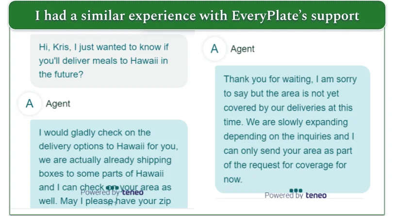 Communication with EveryPlate's customer service agent