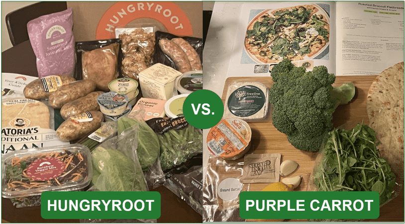 Comparison image of Hungryroot and Purple Carrot's ingredients