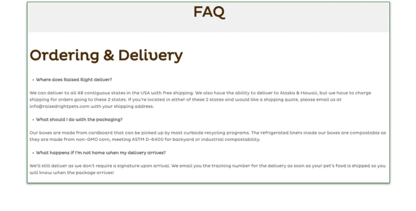 Raised Right's FAQ page