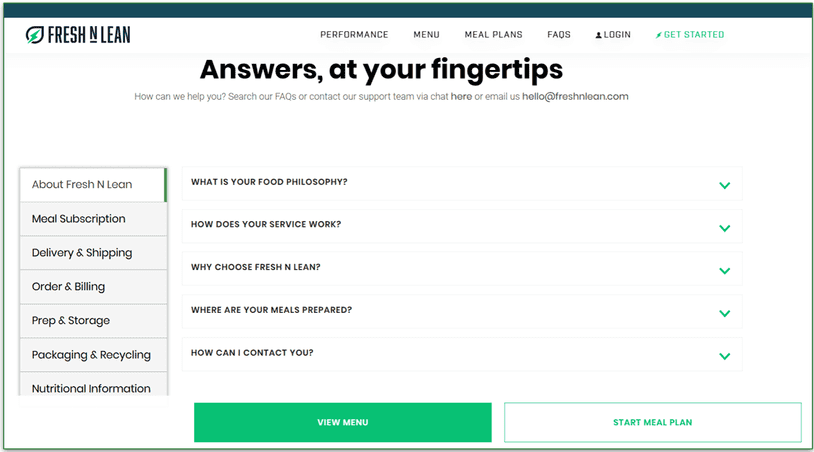 Screenshot of Fresh N Lean's FAQ page