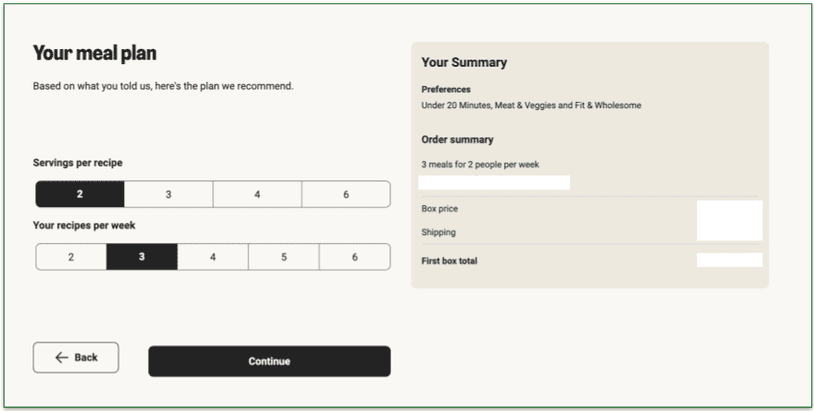 screenshot of hellofresh meal plan page