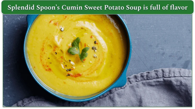 Indulge in the spiced delight of Cumin Sweet Potato Soup, a hearty creation by Splendid Spoon.