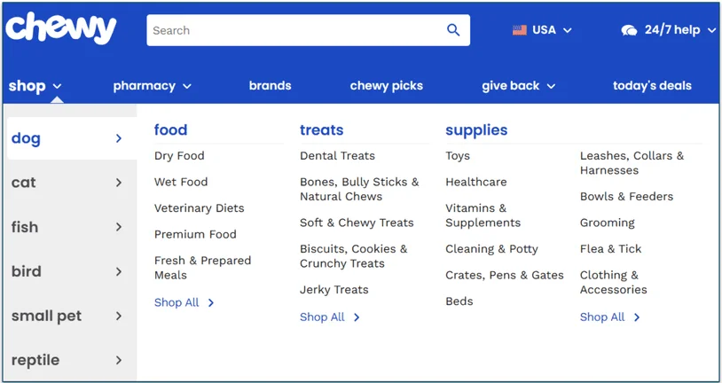 image of Chewy's filters on the dog menu